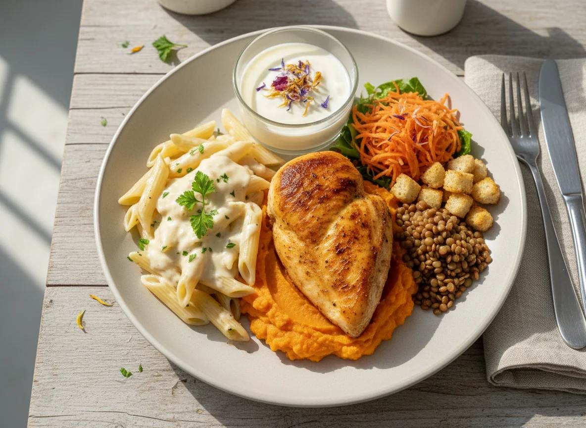 Hähnchen mit Süßkartoffelpüree, Nudeln und Salat photo