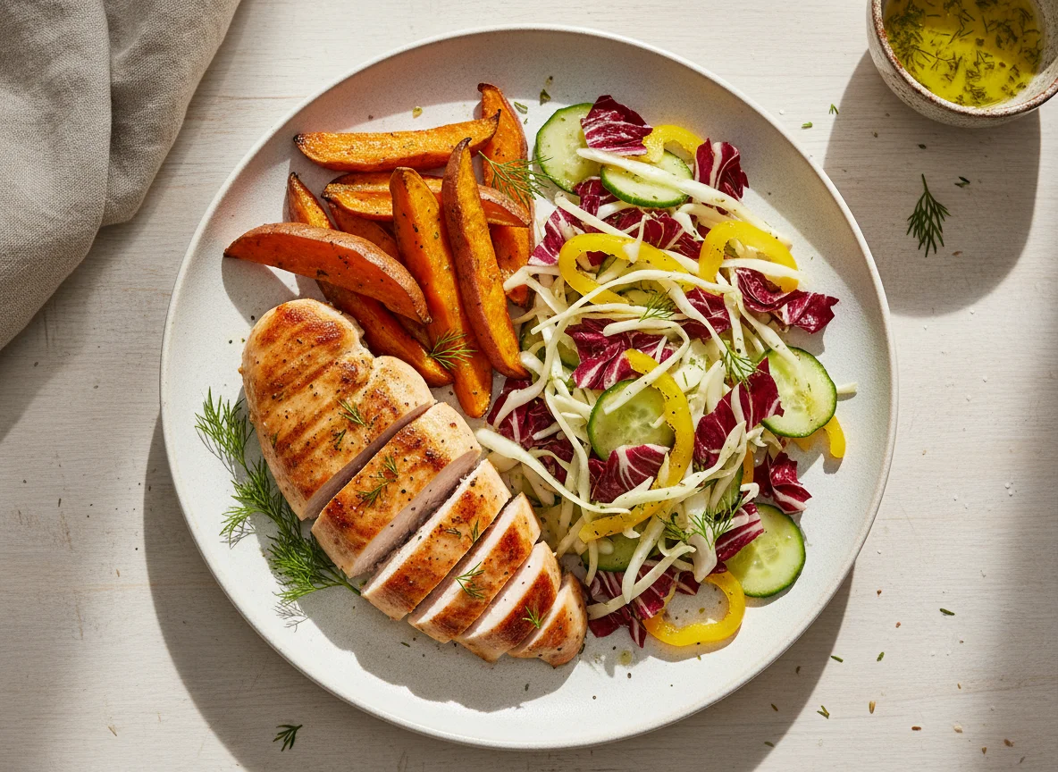 Hähnchen mit Süßkartoffelspalten und Krautsalat photo