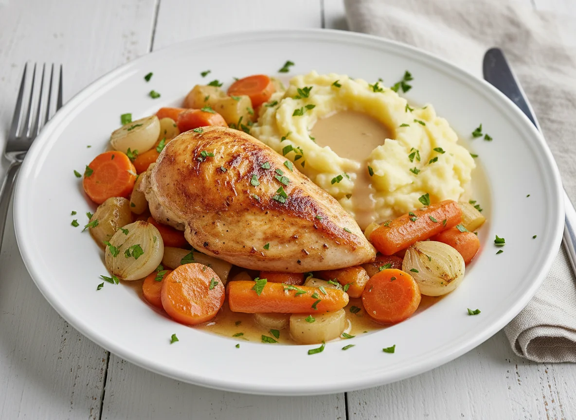 Hähnchen mit Wurzelgemüse und Kartoffelpüree photo
