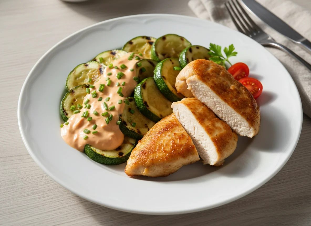 Hähnchen mit Zucchini und Sauce photo