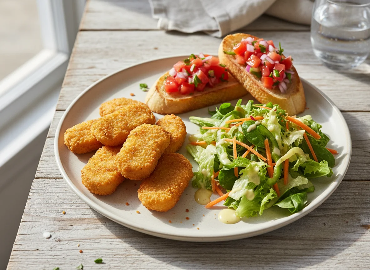 Hähnchen Nuggets mit Salat und Bruschetta photo