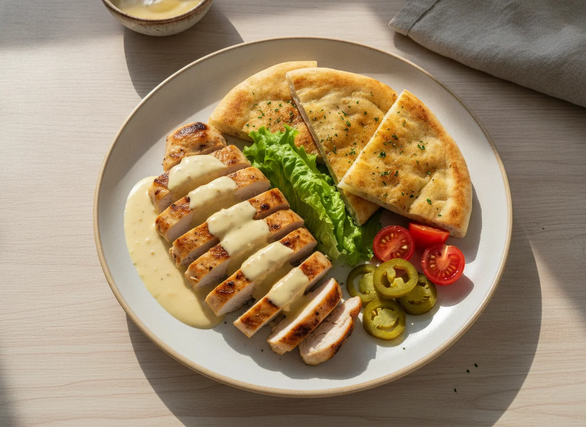 Hähnchen oder Garnelen mit Sauce und Fladenbrot photo
