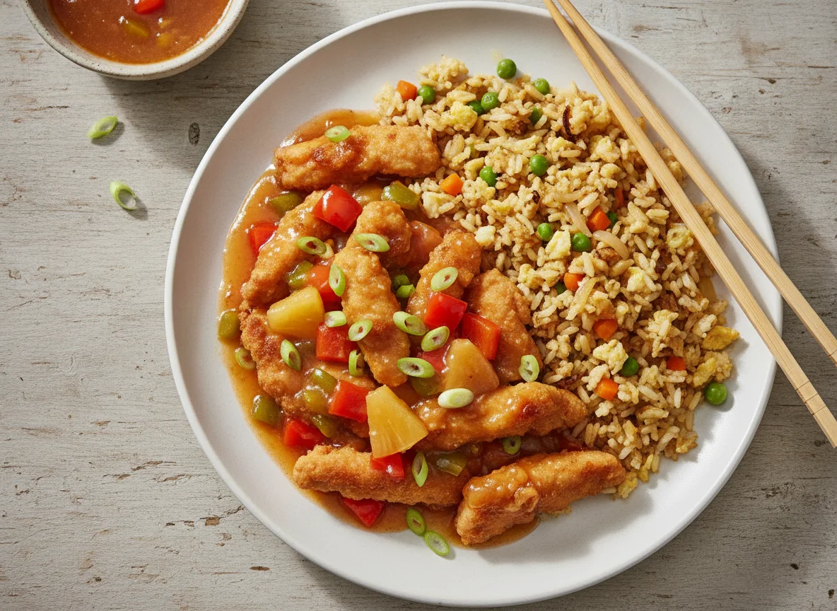 Hähnchen Süß-Sauer mit gebratenem Reis photo