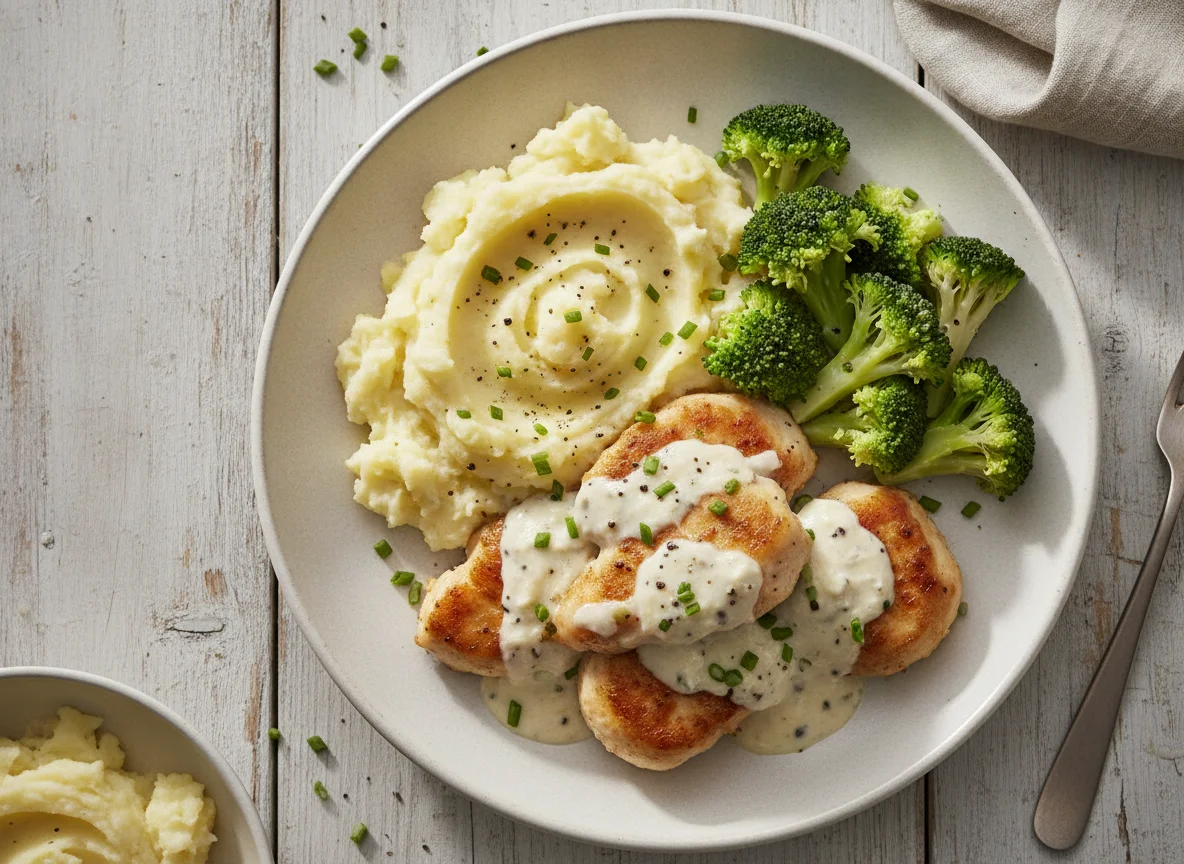 Hähnchen Swiss Style mit Broccoliröschen und Kartoffelpüree photo