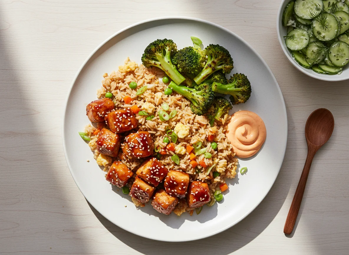 Hähnchen Teriyaki mit Brokkoli, gebratenem Reis und Gurkensalat photo