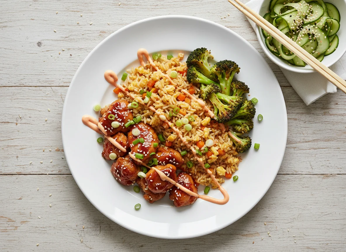 Hähnchen Teriyaki mit gebratenem Reis, Brokkoli und Gurkensalat photo