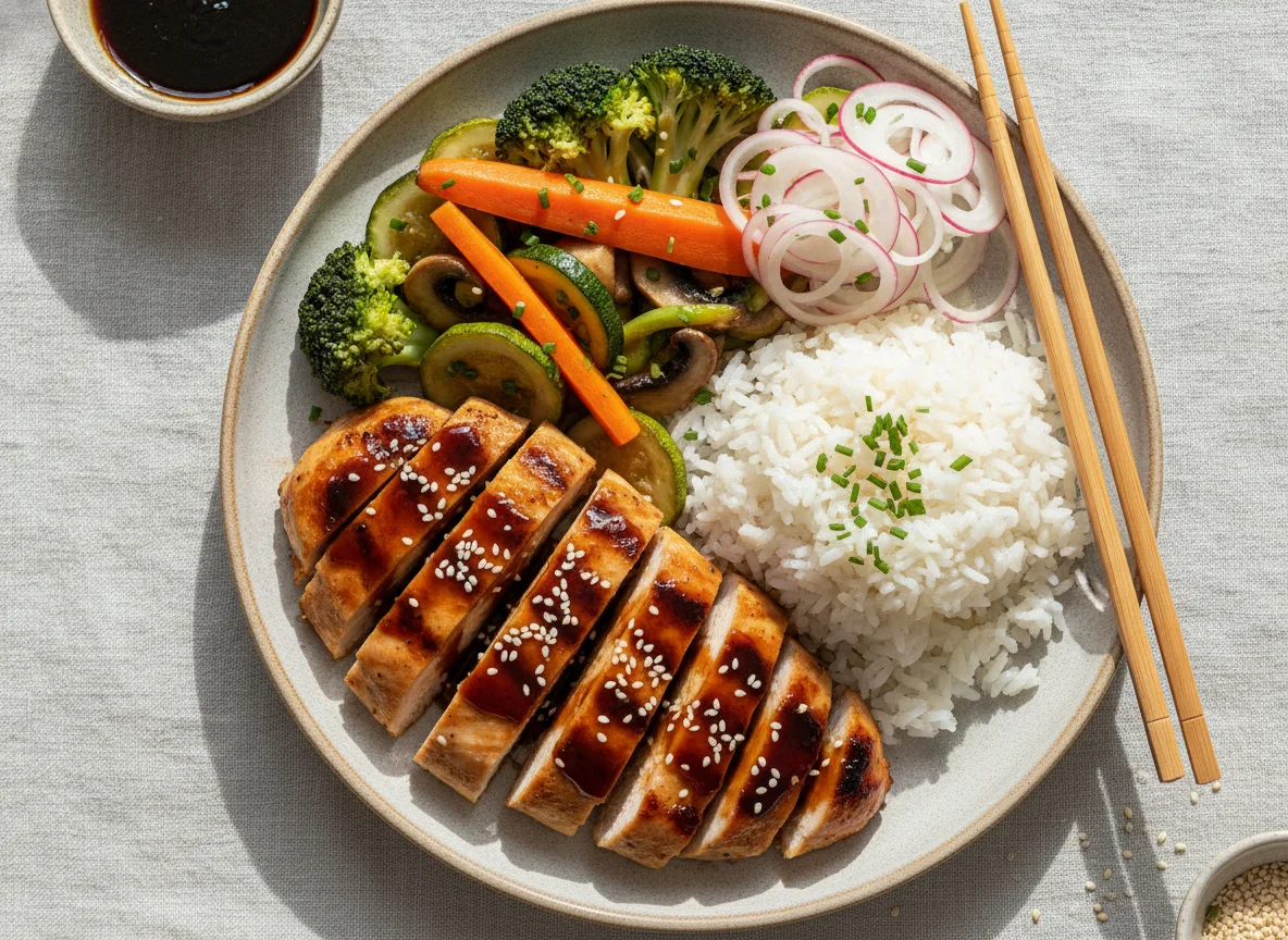 Hähnchen Teriyaki mit Reis und Gemüse photo
