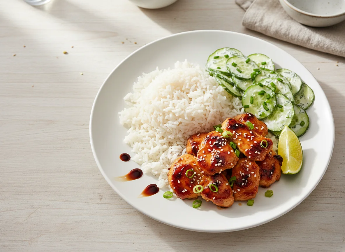 Hähnchen Teriyaki mit Reis und Gurkensalat photo