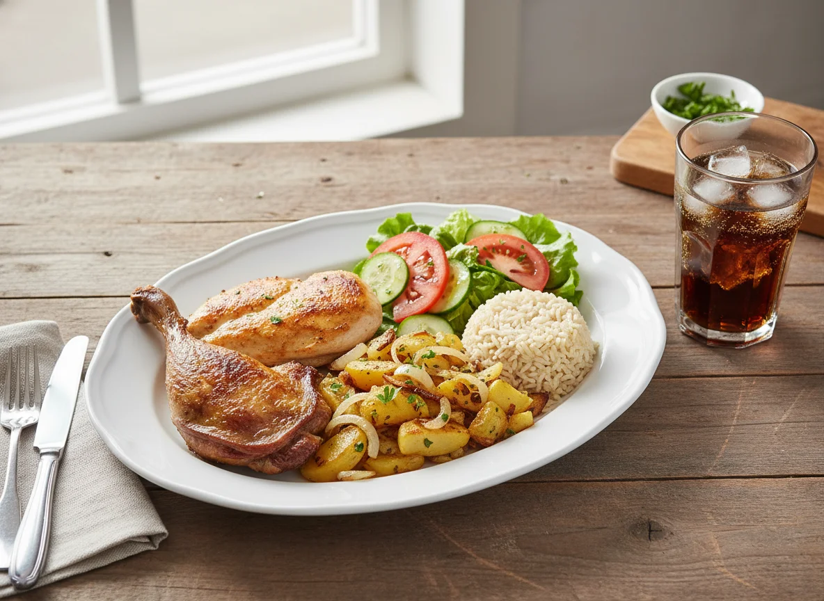 Hähnchen- und Entenbraten mit Reis, Bratkartoffeln und Salat photo