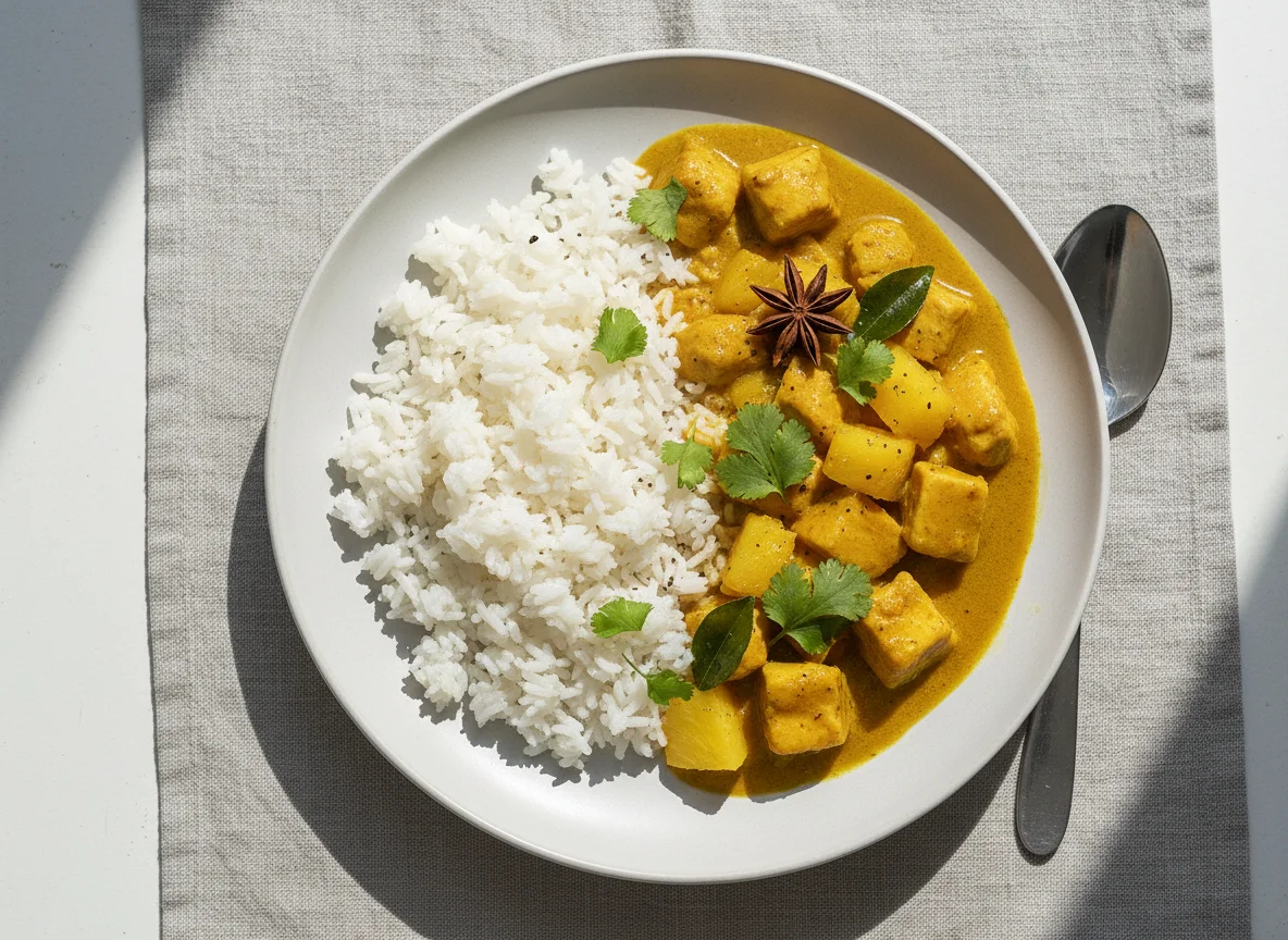Hähnchen-Ananas-Curry mit Reis photo