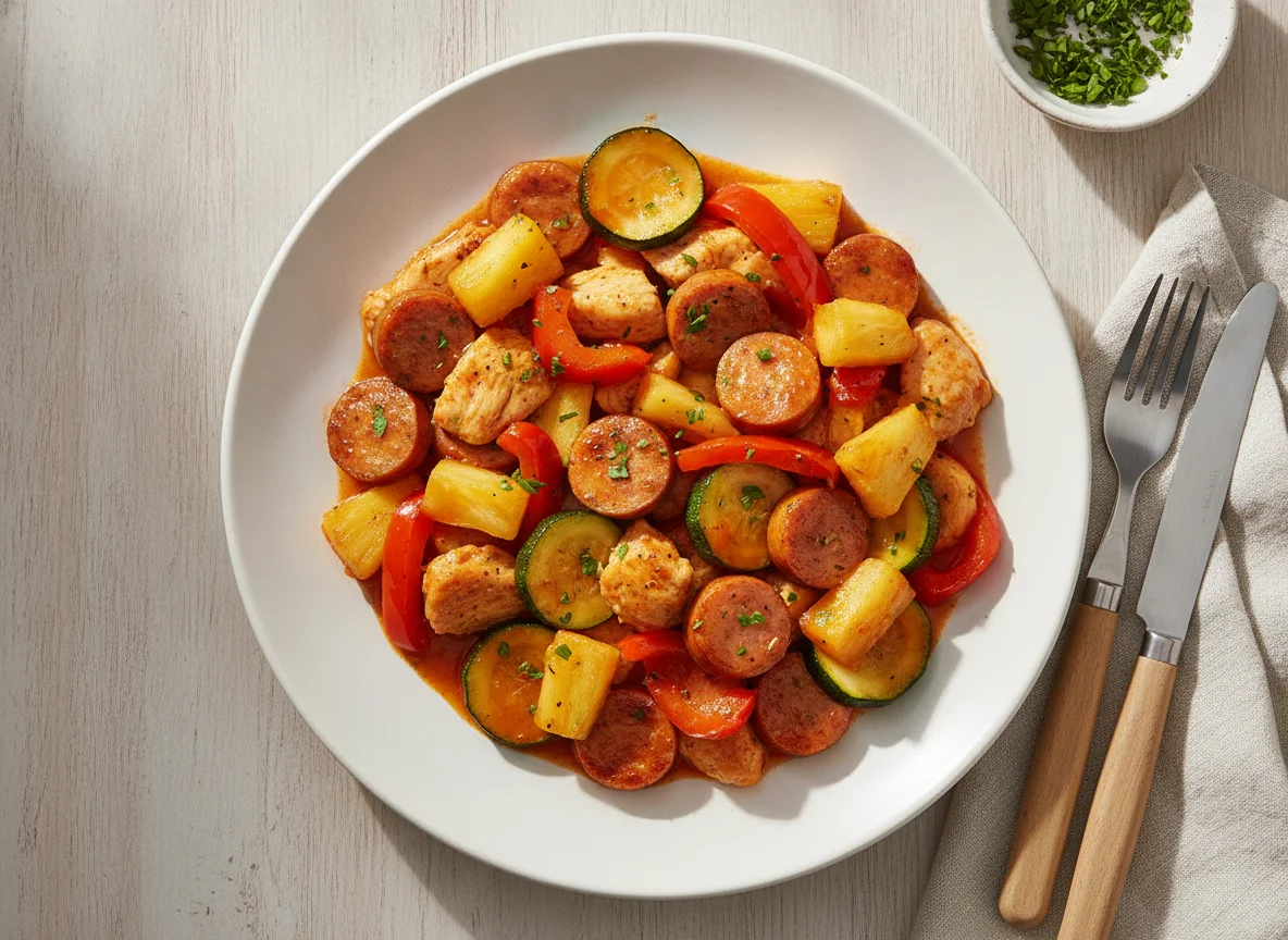 Hähnchen-Ananas-Pfanne mit Paprika photo