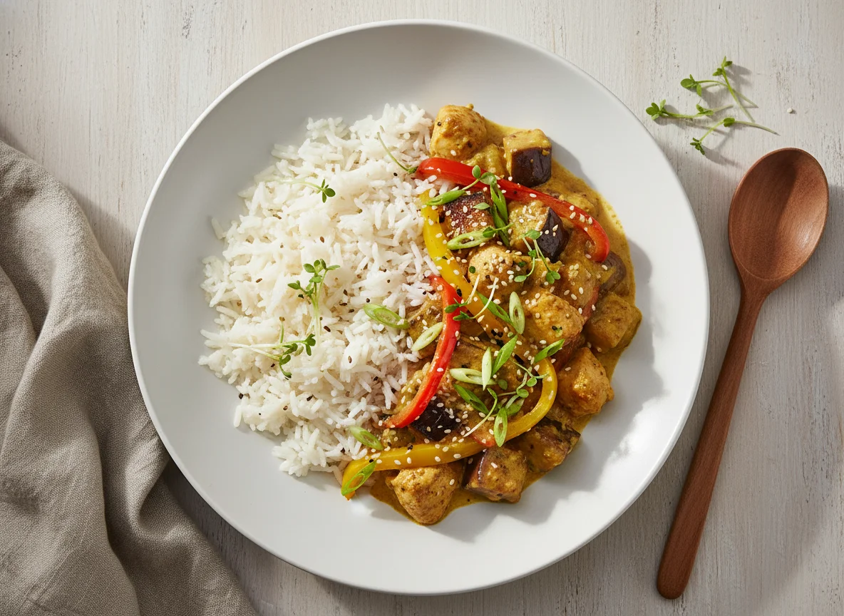 Hähnchen-Auberginen-Curry mit Reis photo