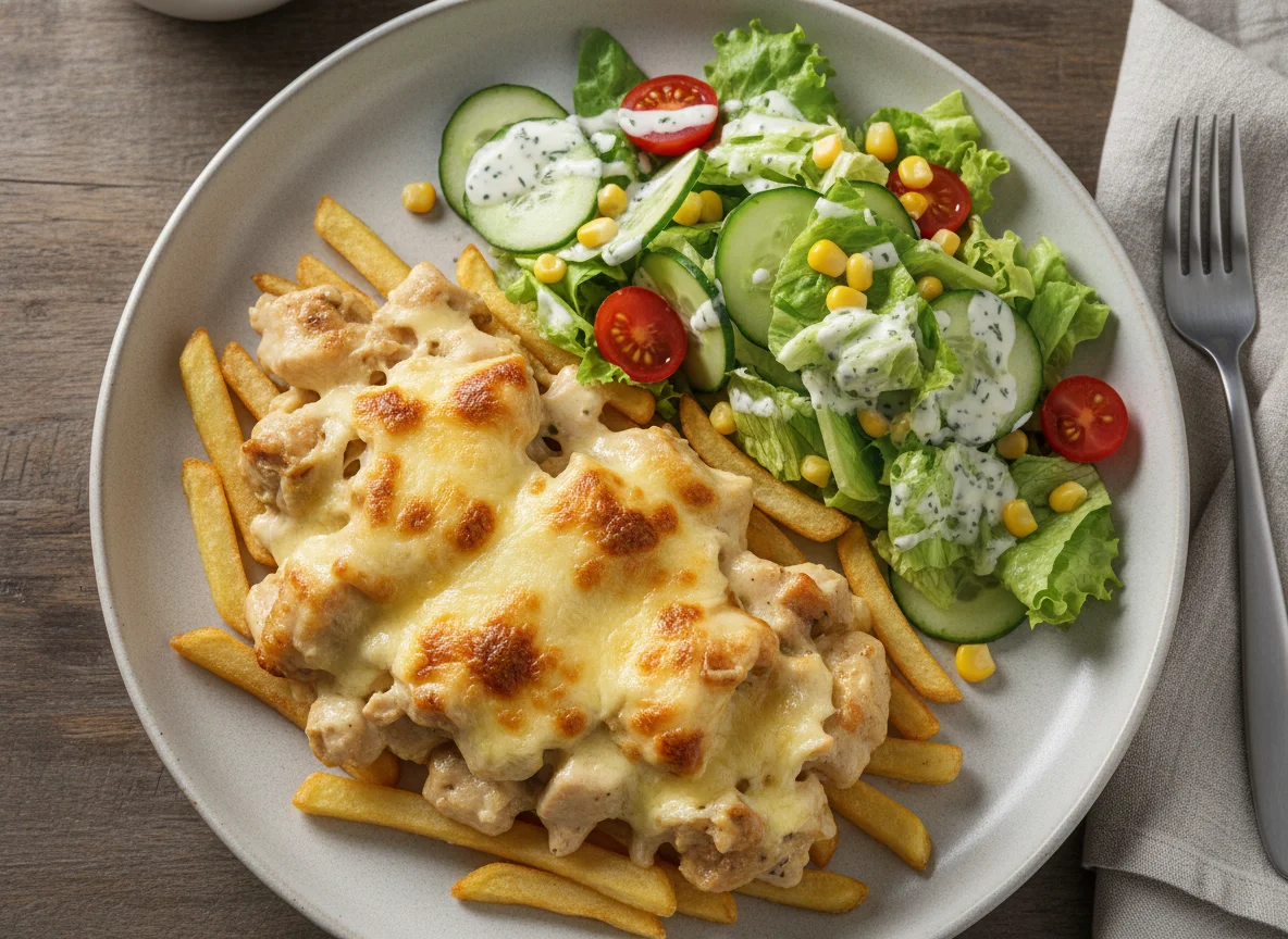Hähnchen-Auflauf mit Käse und Beilagensalat photo
