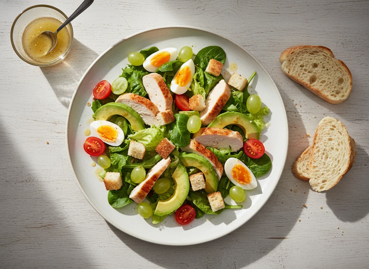 Hähnchen-Avocado-Salat mit Trauben und Ei photo