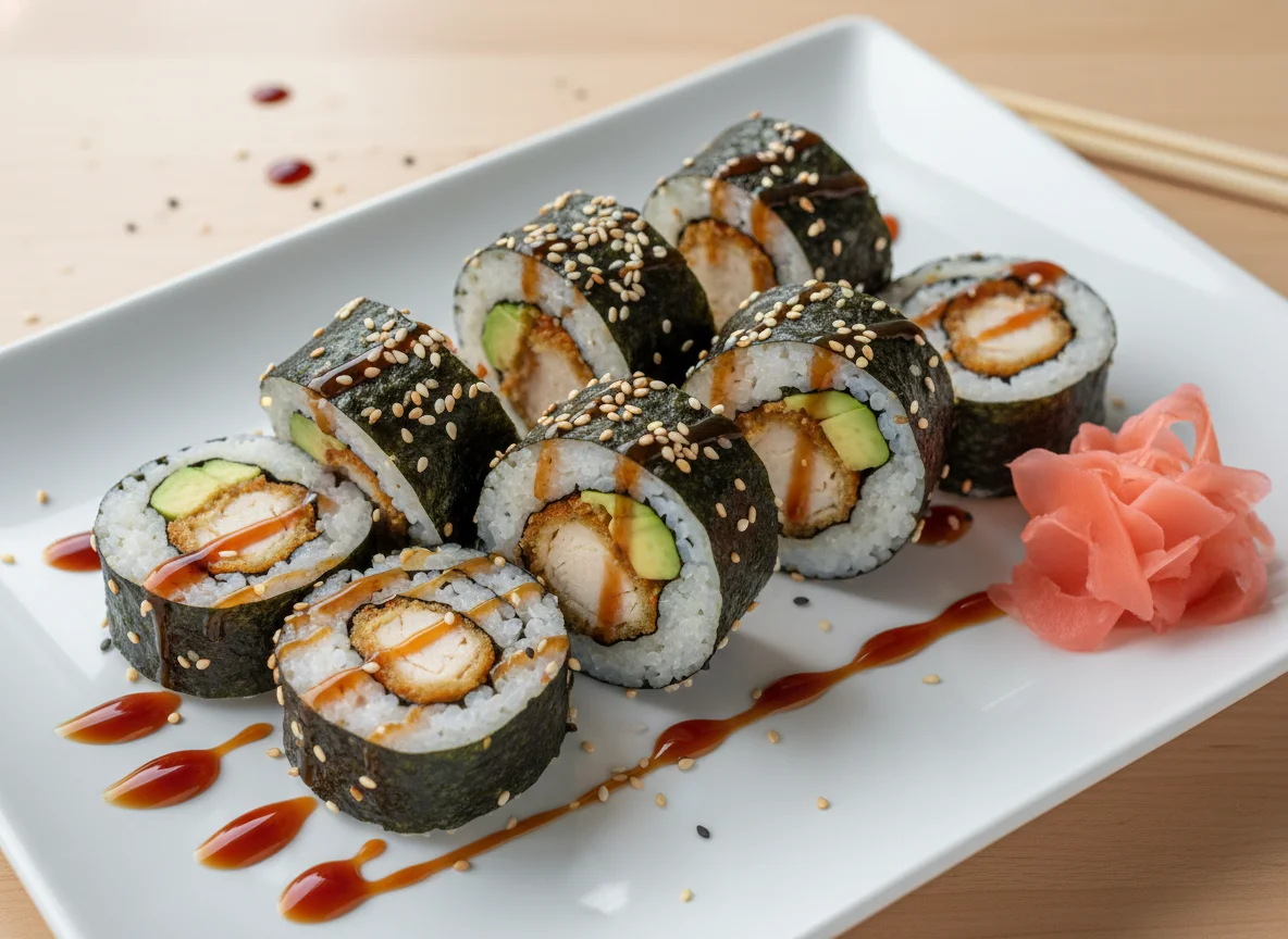 Hähnchen-Avocado-Sushi-Rollen mit Teriyaki-Sauce photo