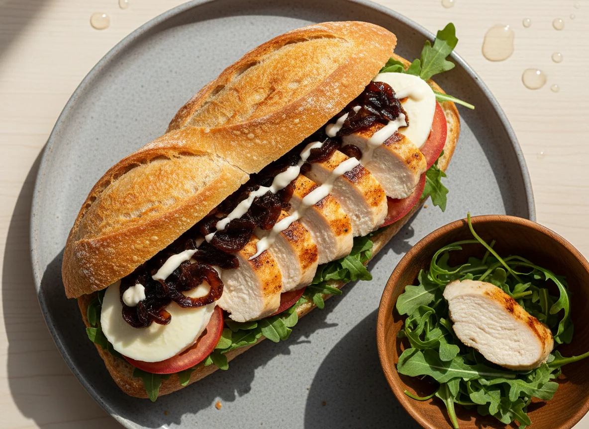 Hähnchen-Baguette mit Mozzarella und karamellisierten Zwiebeln photo