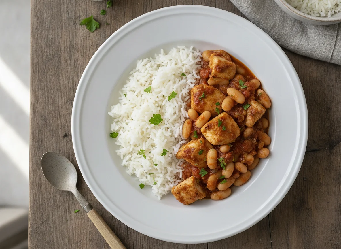 Hähnchen-Bohnen-Eintopf mit Reis photo