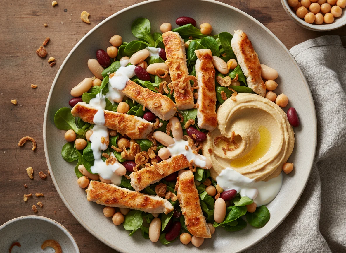 Hähnchen-Bohnen-Salat mit Hummus und Joghurt photo