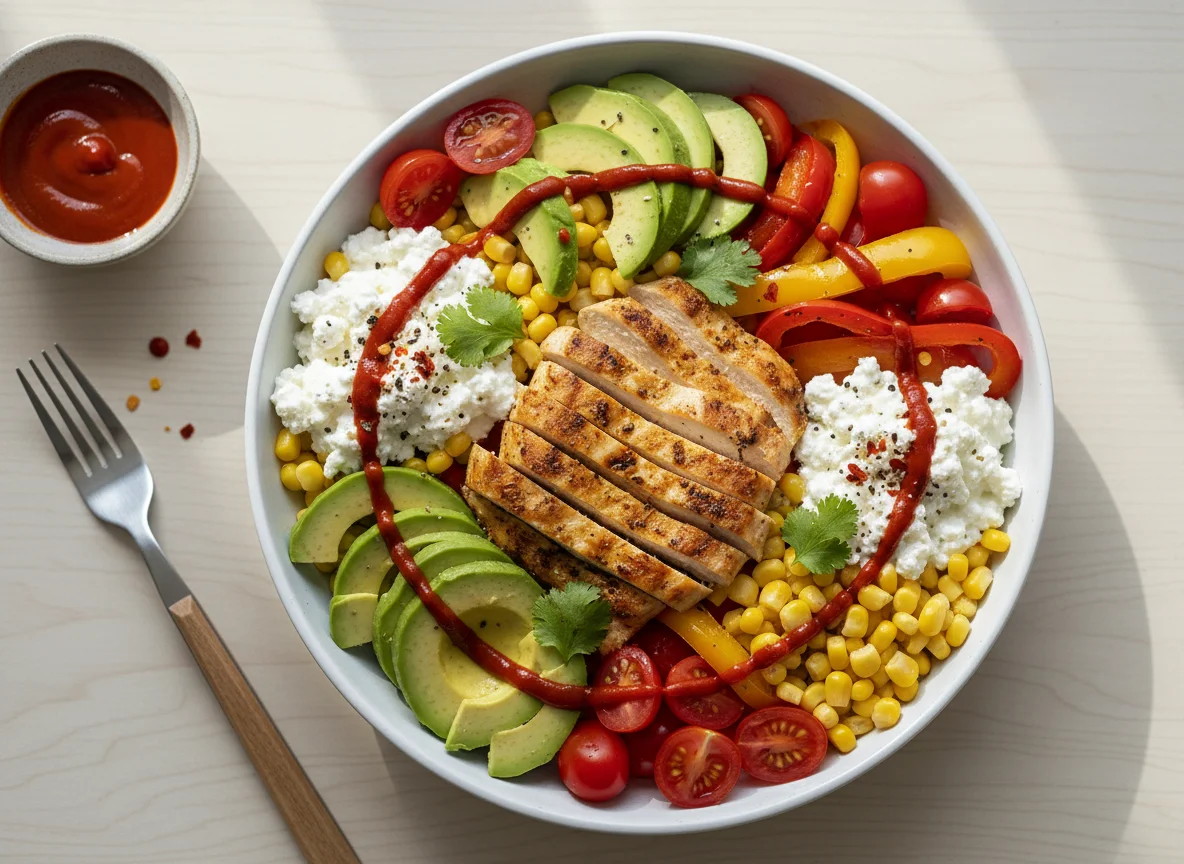 Hähnchen-Bowl mit Avocado und Hüttenkäse photo