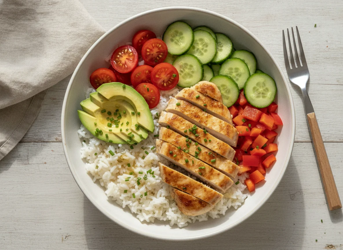 Hähnchen-Bowl mit Avocado und Reis photo