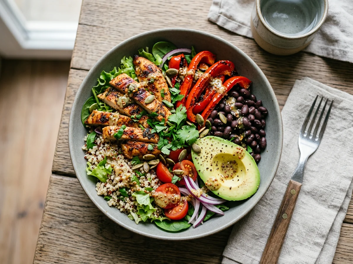 Hähnchen-Bowl mit Bohnen, Paprika und Avocado photo