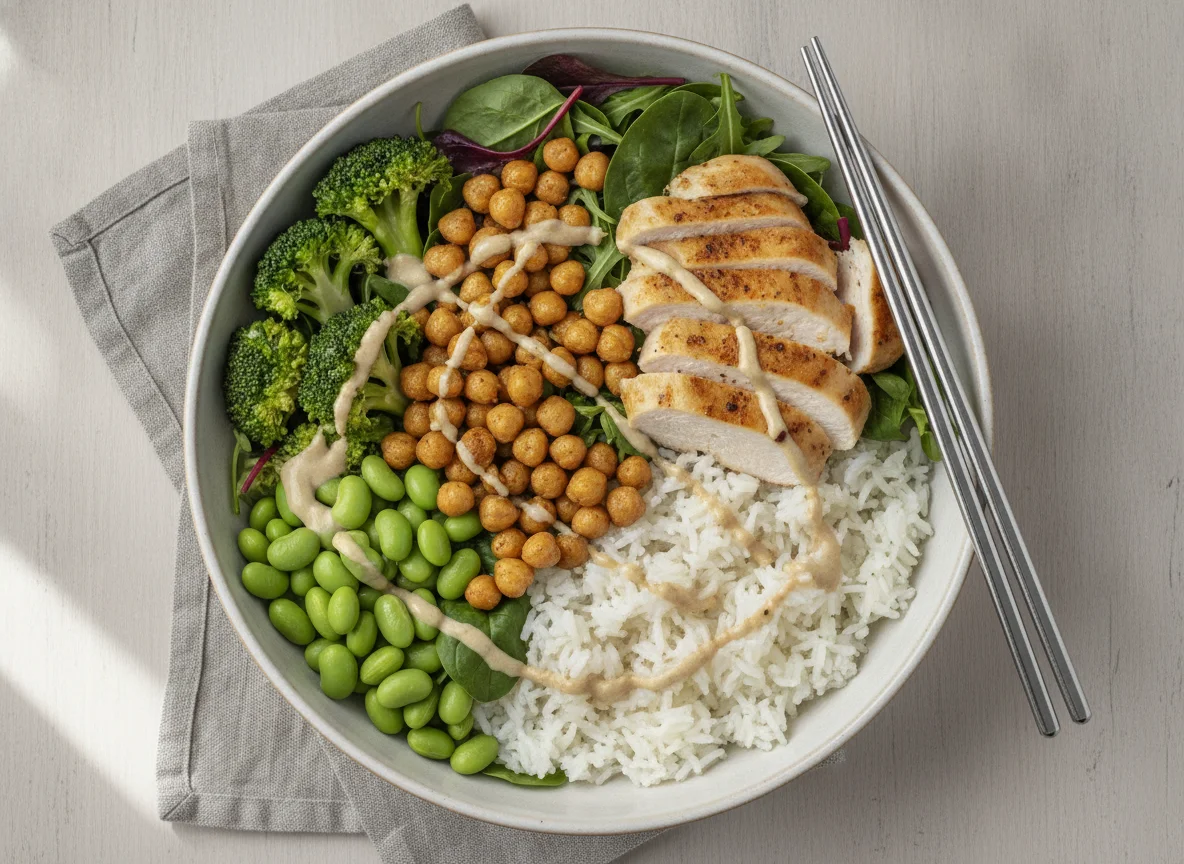 Hähnchen-Bowl mit Brokkoli und Edamame photo