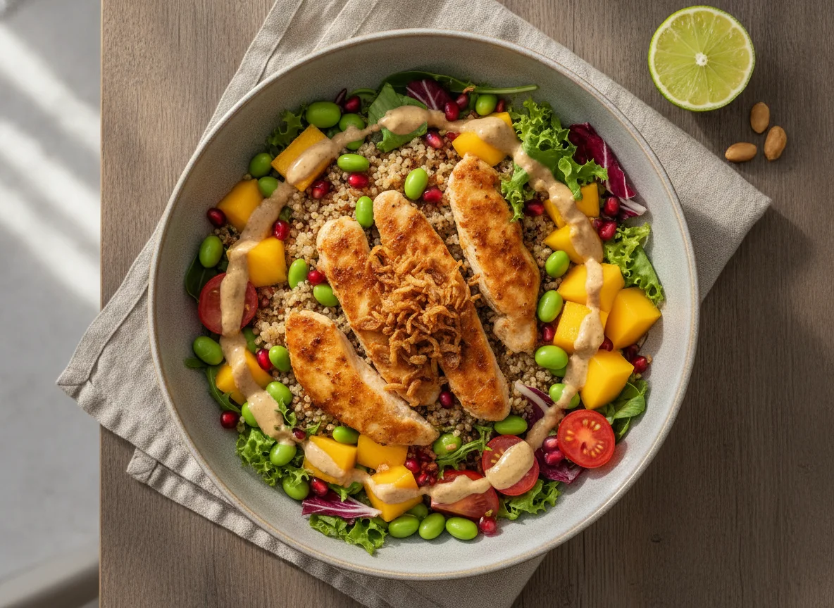Hähnchen-Bowl mit Edamame und Mango photo