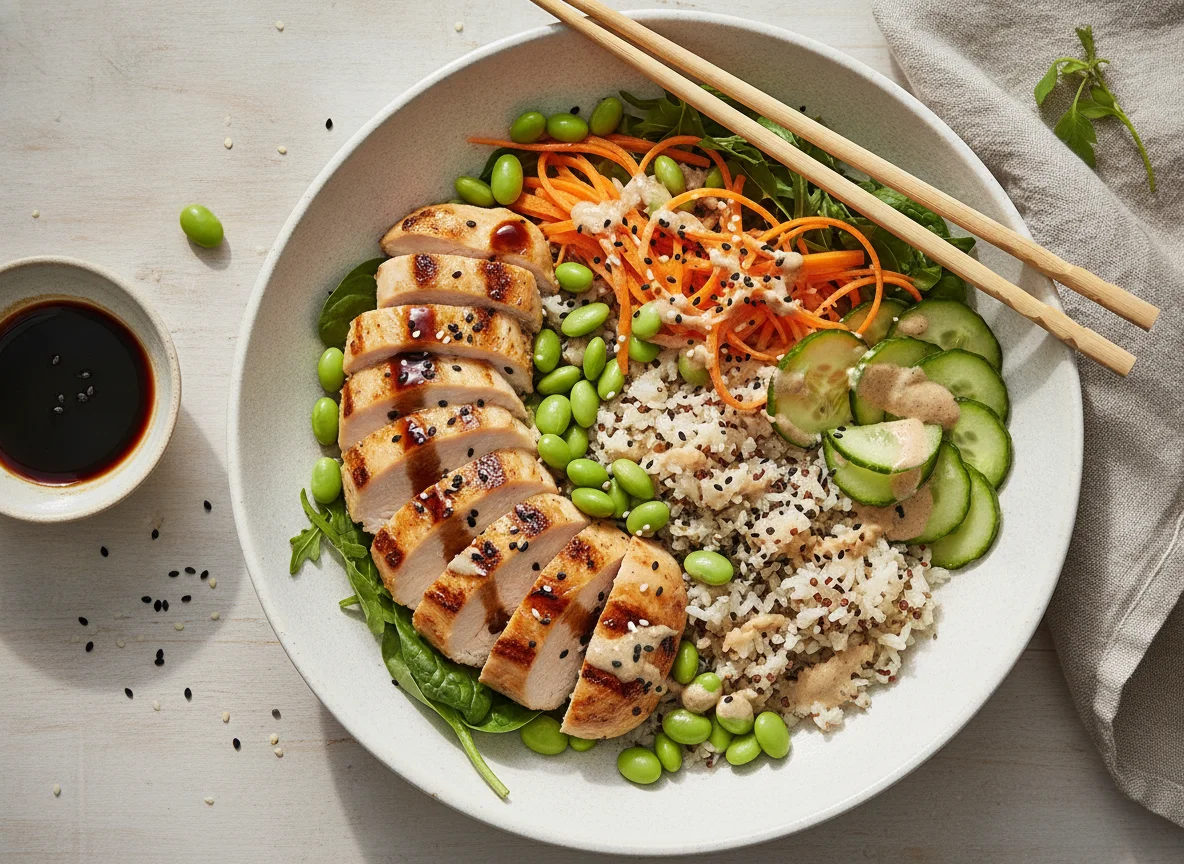 Hähnchen-Bowl mit Edamame und Reis photo