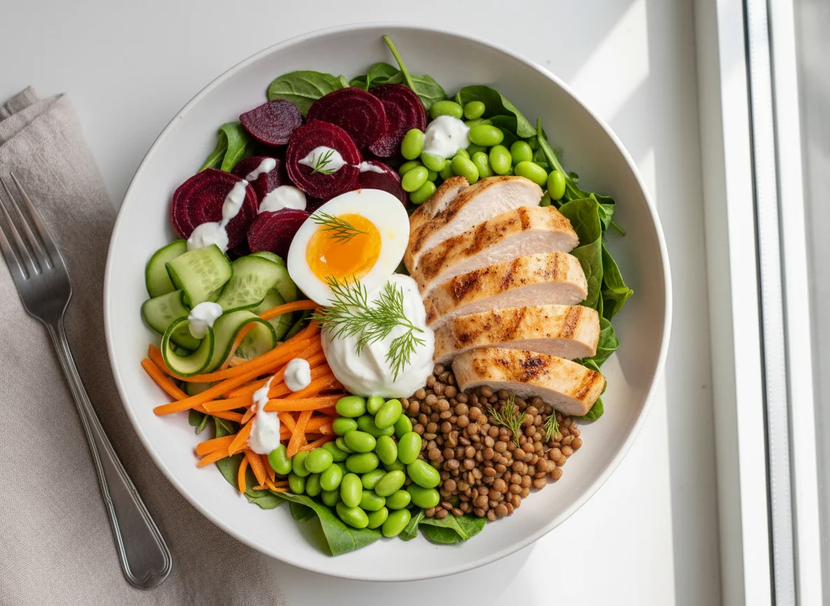Hähnchen-Bowl mit Gemüse und Ei photo