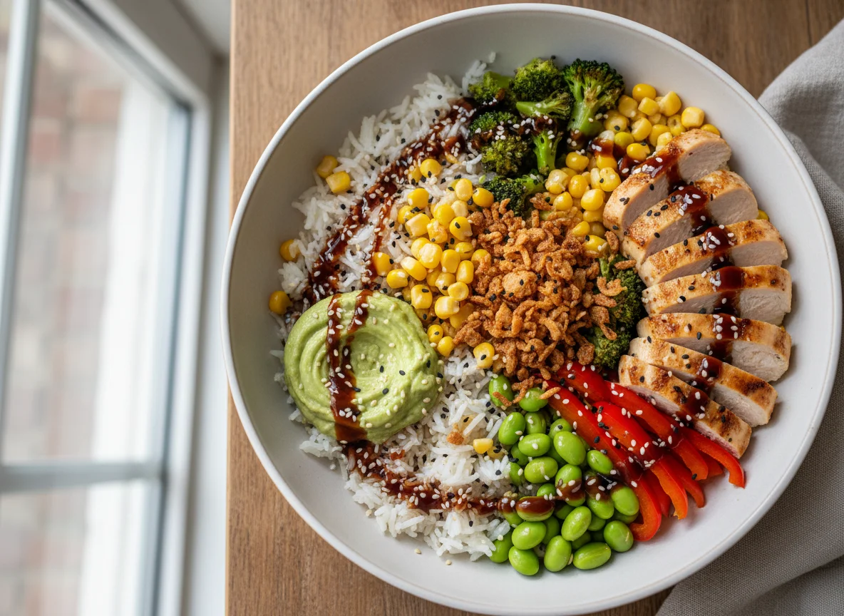 Hähnchen-Bowl mit Gemüse und Reis photo