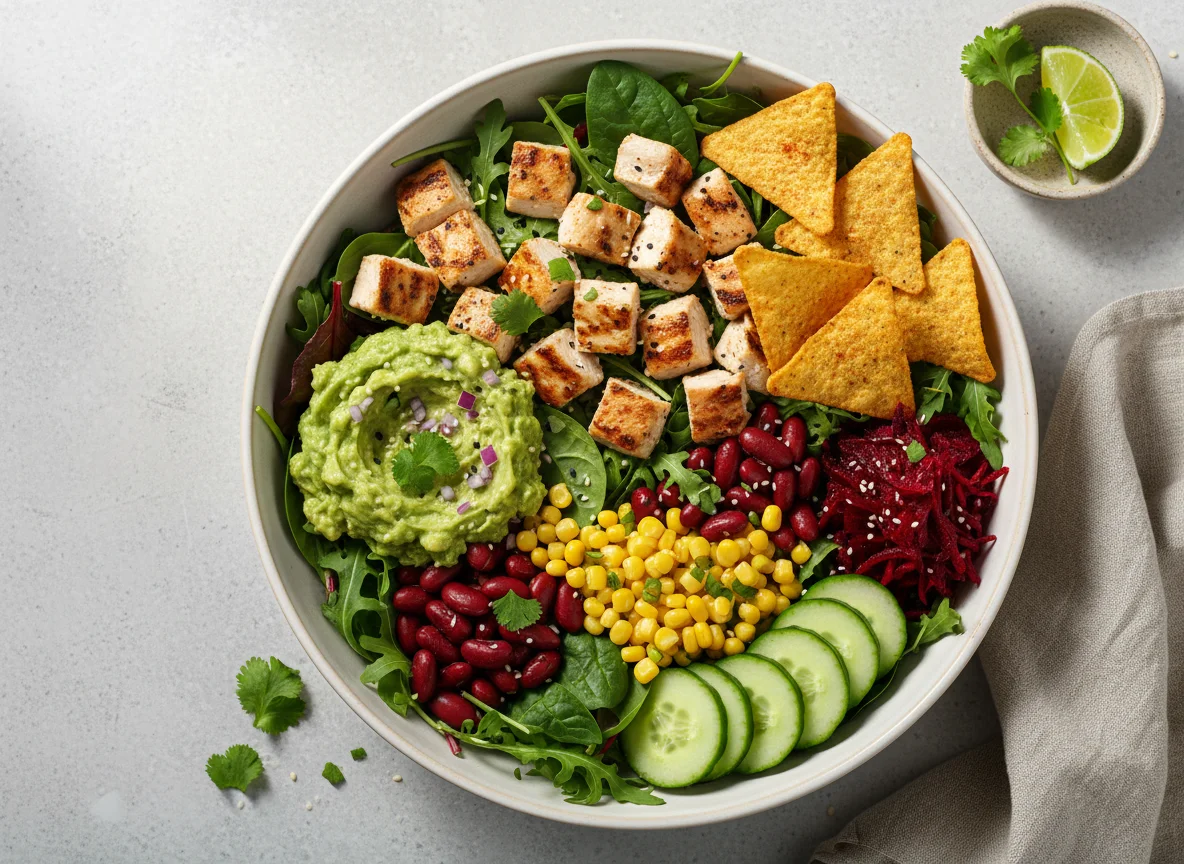 Hähnchen-Bowl mit Guacamole und Nachos photo