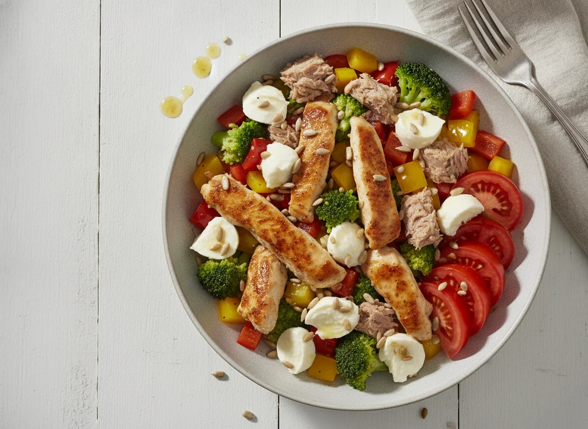 Hähnchen-Bowl mit Mozzarella und Gemüse photo