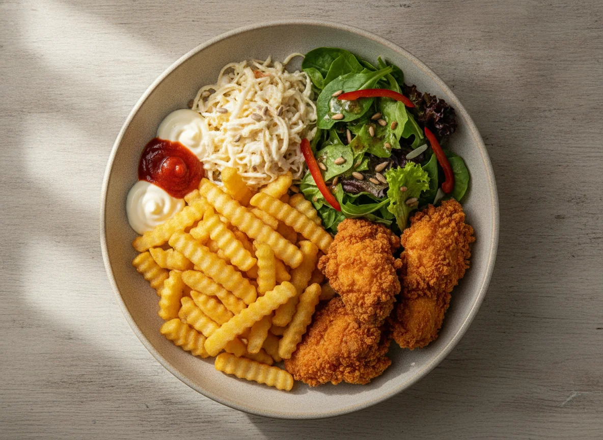 Hähnchen-Bowl mit Pommes und Salat photo