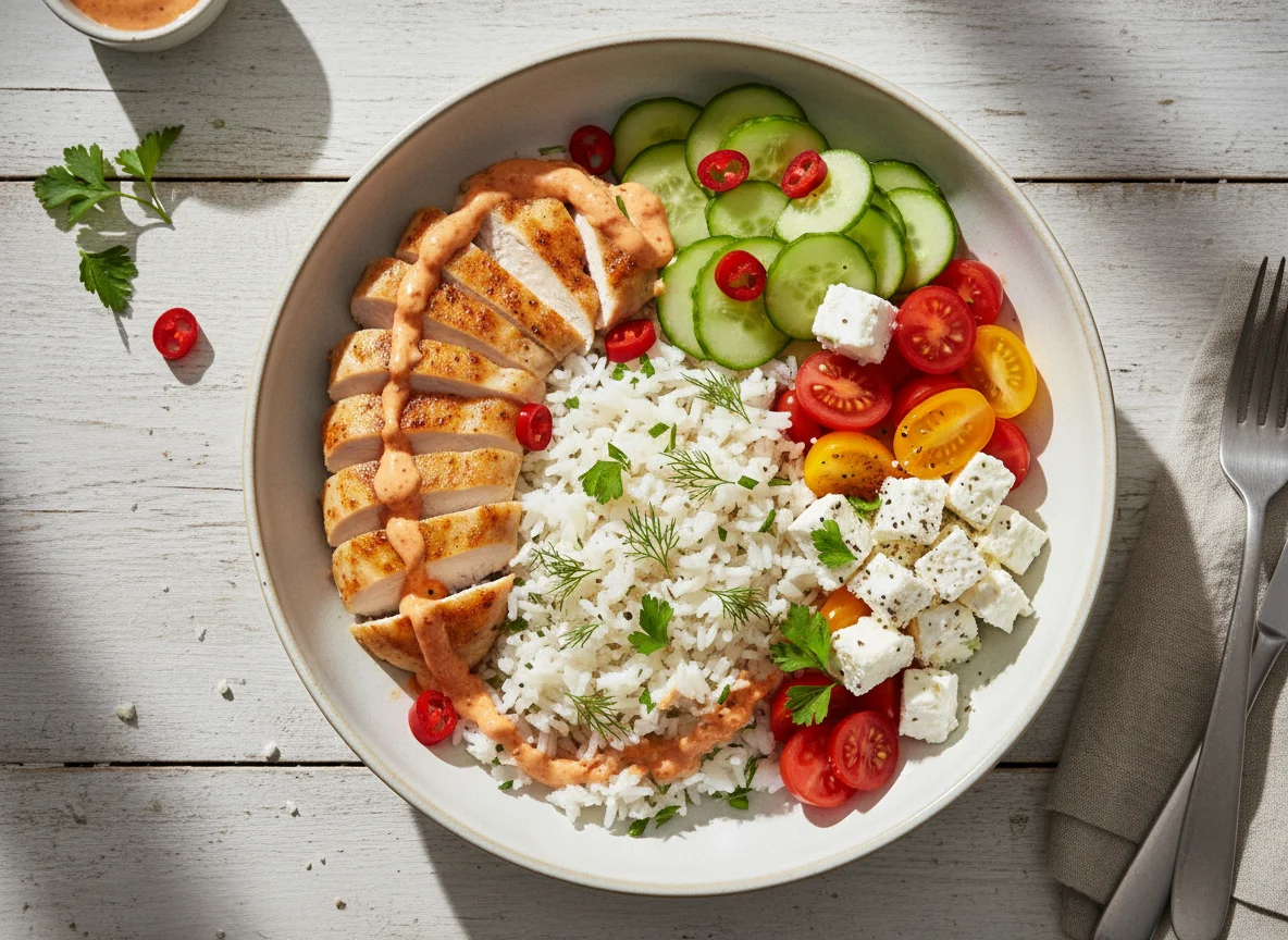 Hähnchen-Bowl mit Reis, Salat und pikanter Sauce photo