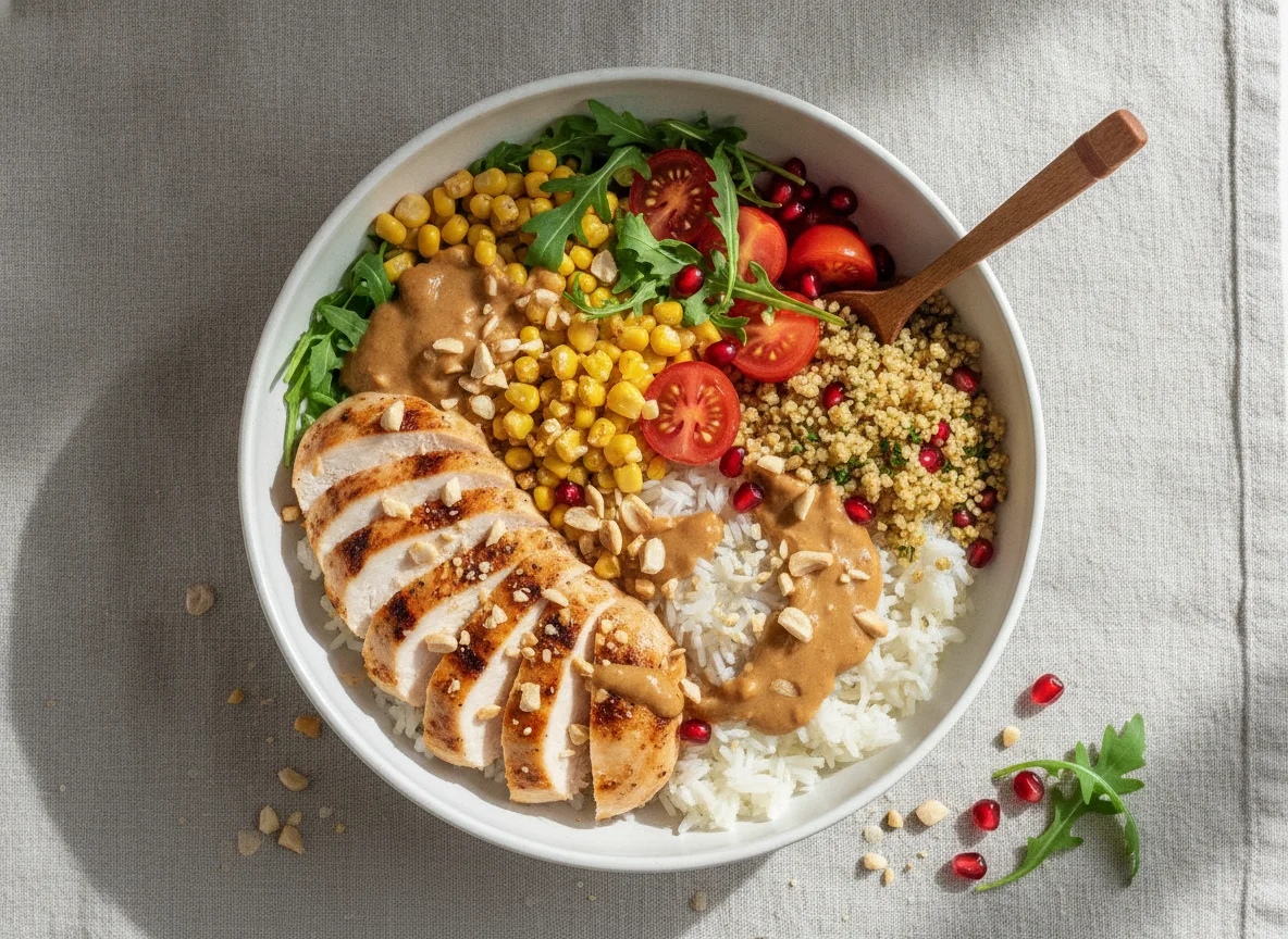 Hähnchen-Bowl mit Reis und Erdnusssauce photo
