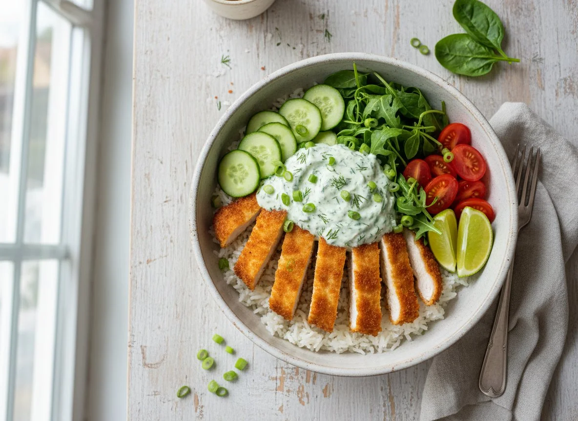 Hähnchen-Bowl mit Reis und Gemüse photo