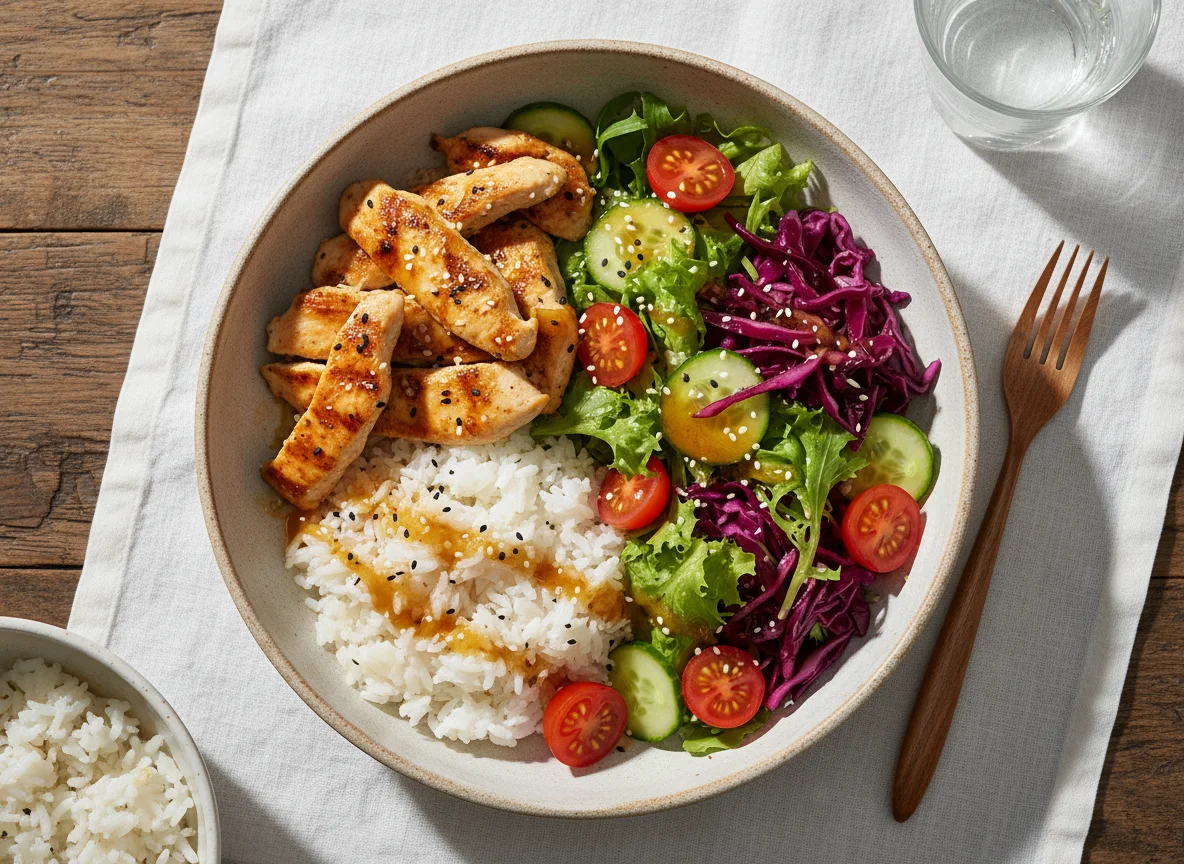 Hähnchen-Bowl mit Reis und Salat photo