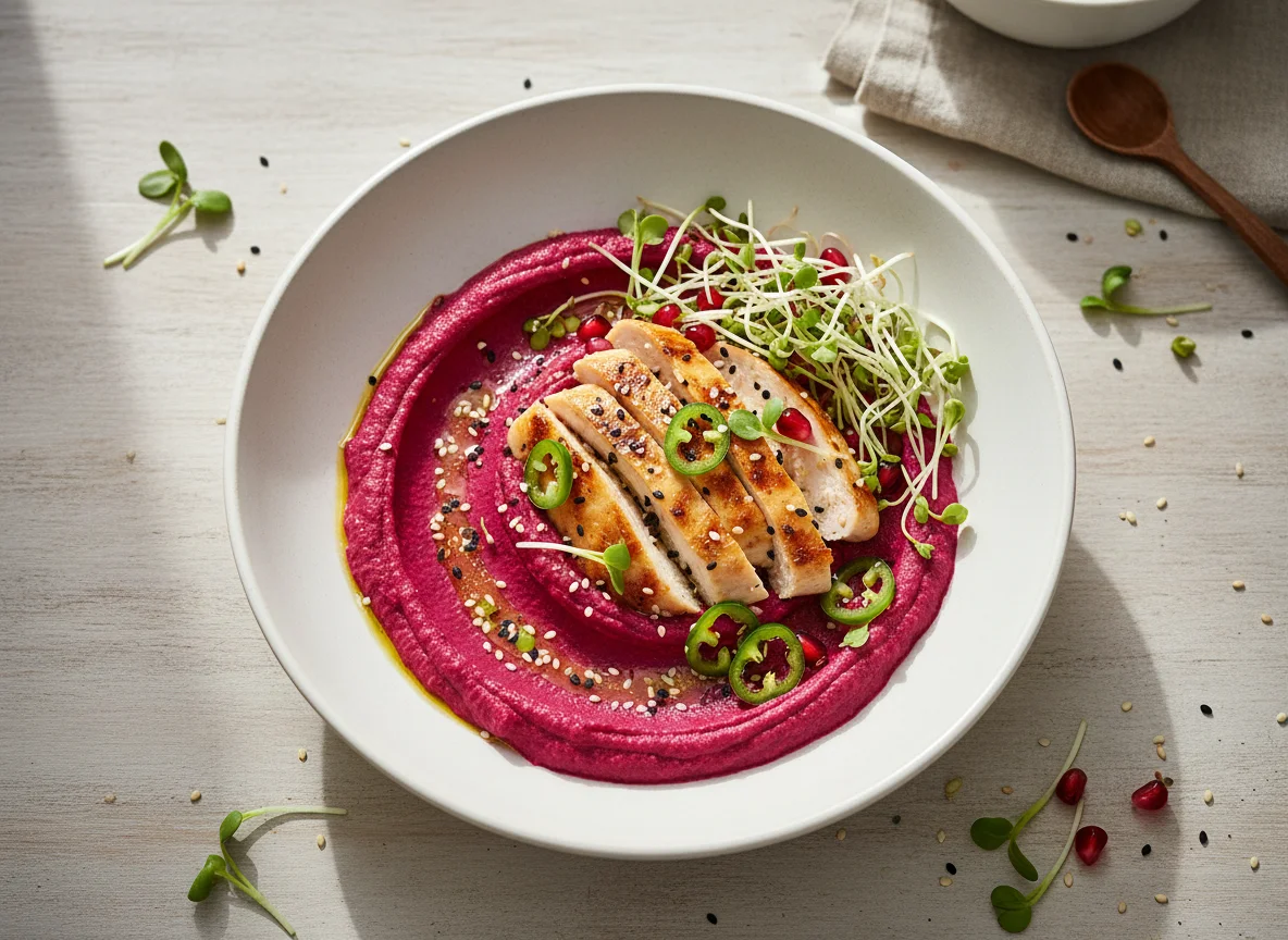 Hähnchen-Bowl mit Rote-Bete-Hummus und Sprossen photo