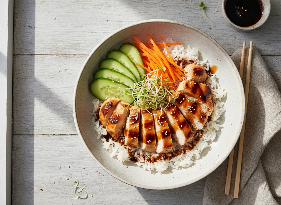 Hähnchen-Bowl mit Sprossen und Gemüse photo