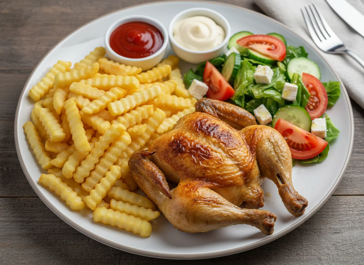 Hähnchenbraten mit Pommes und Salat photo