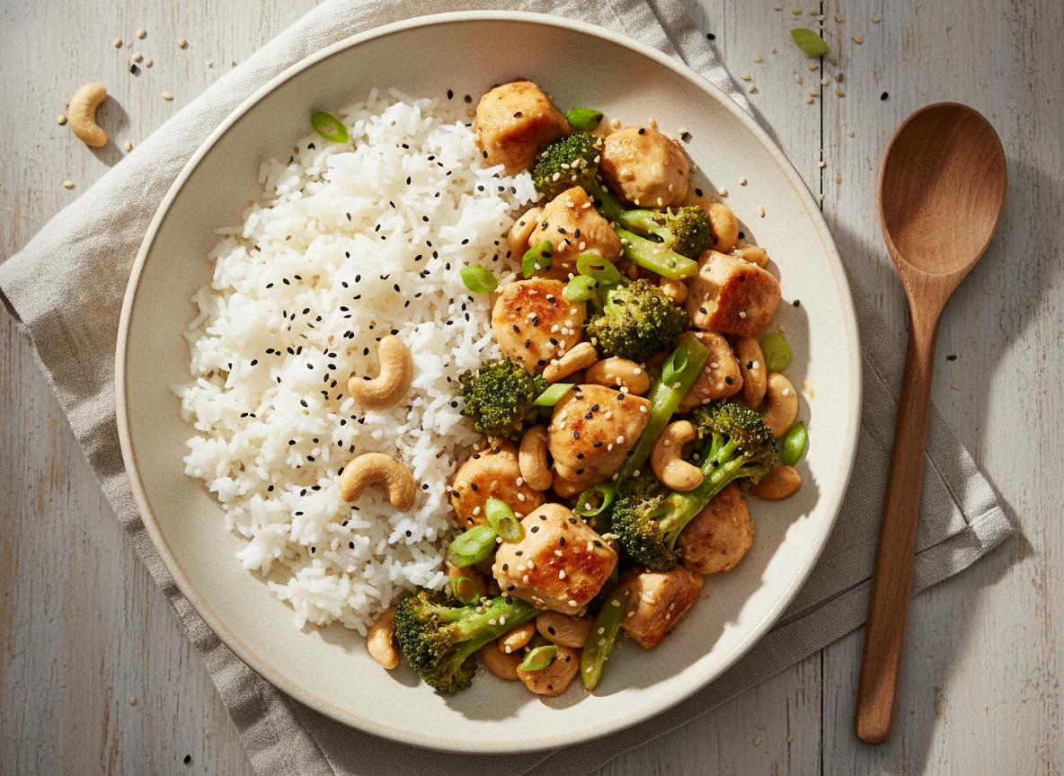 Hähnchen-Brokkoli-Cashew-Pfanne mit Reis photo