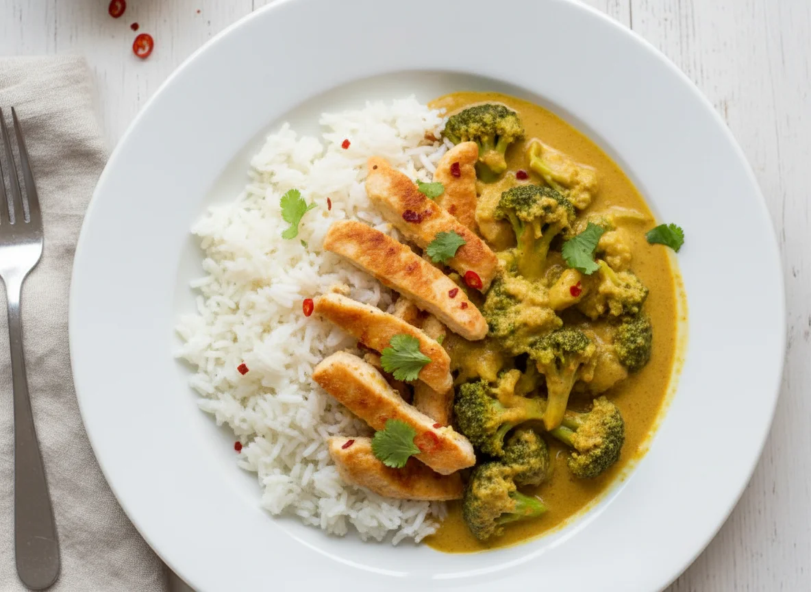 Hähnchen-Brokkoli-Curry mit Reis photo