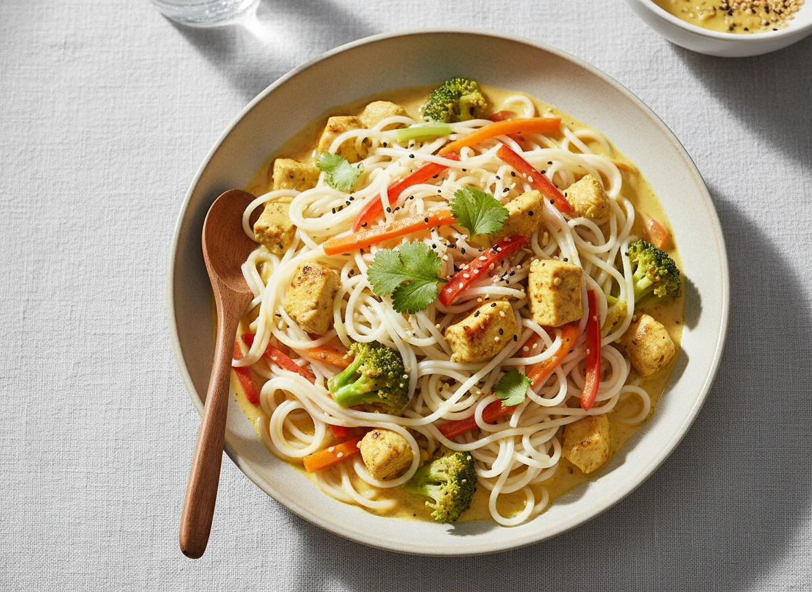 Hähnchen-Brokkoli-Curry mit Reisnudeln photo