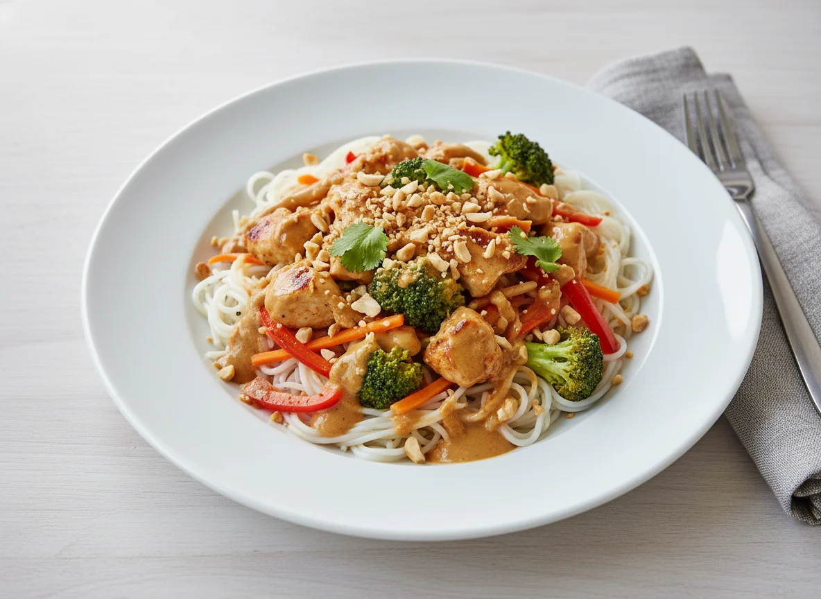 Hähnchen-Brokkoli-Pfanne mit Erdnusssauce und Reisnudeln photo