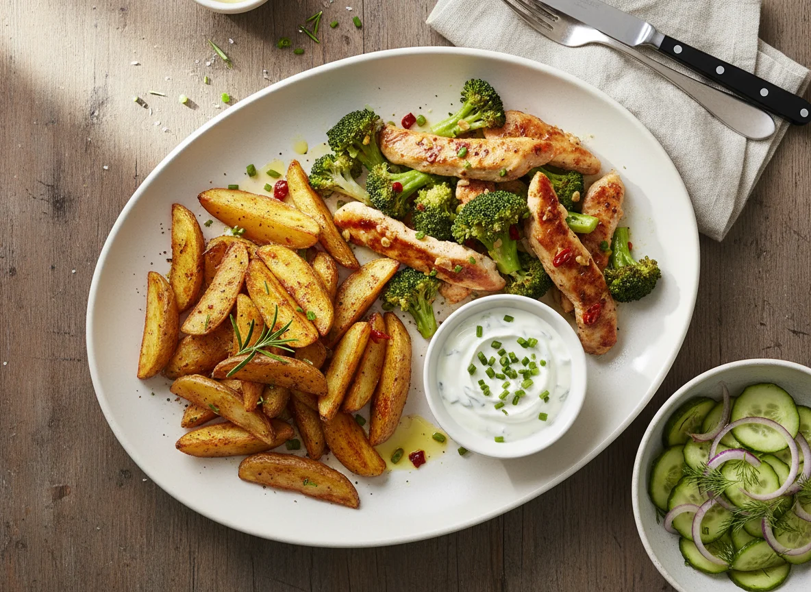 Hähnchen-Brokkoli-Pfanne mit Kartoffelspalten und Dip photo