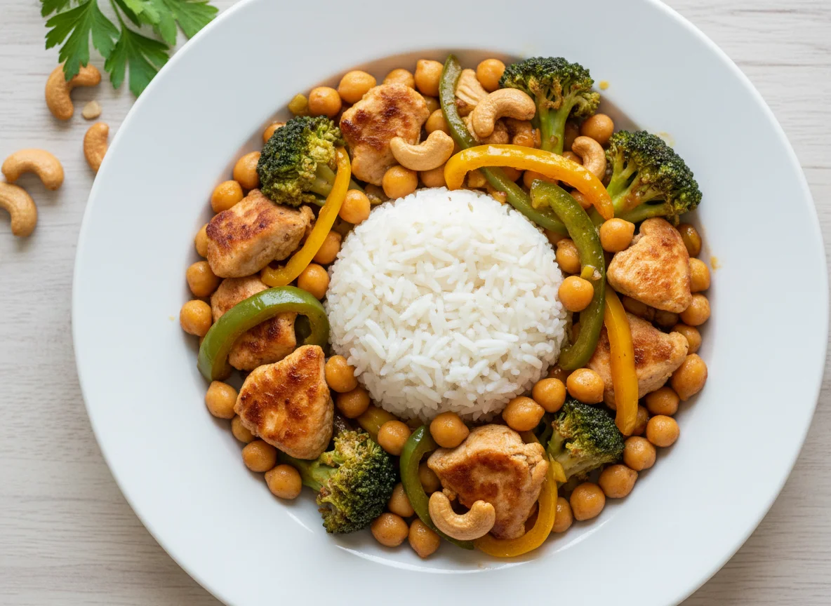 Hähnchen-Brokkoli-Pfanne mit Reis und Cashewkernen photo