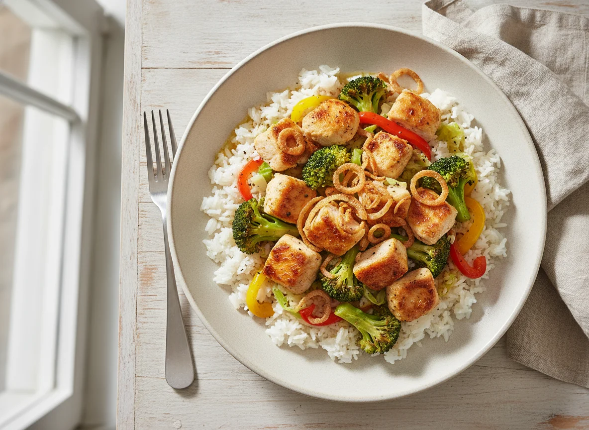 Hähnchen-Brokkoli-Pfanne mit Reis und Röstzwiebeln photo