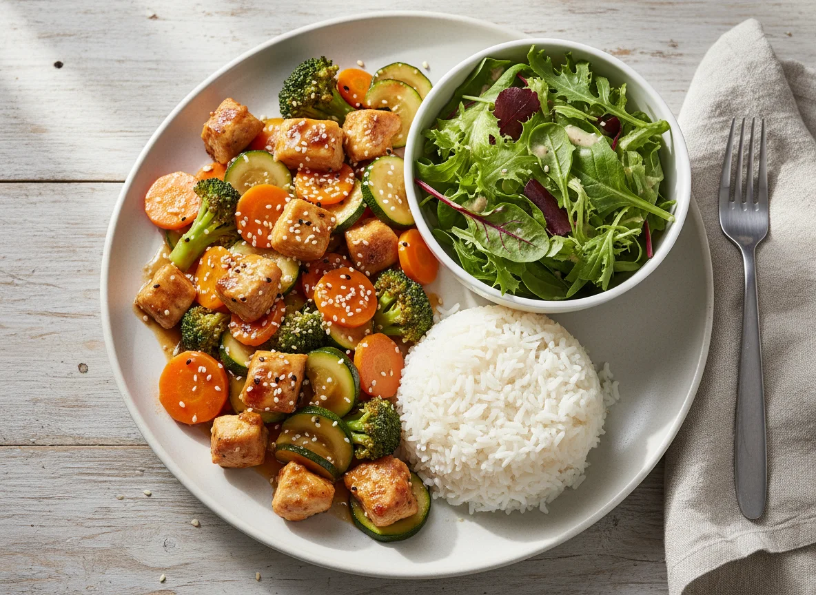 Hähnchen-Brokkoli-Pfanne mit Reis und Salat photo
