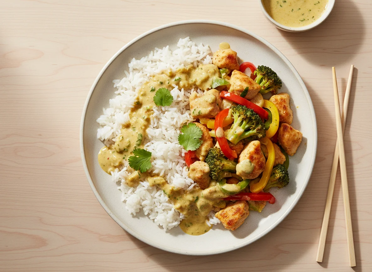 Hähnchen-Brokkoli-Pfanne mit Reis und Thai-Curry-Sauce photo