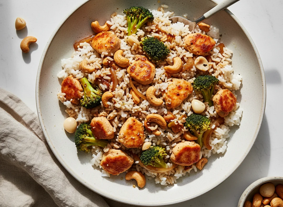 Hähnchen-Brokkoli-Reis-Pfanne mit Cashewkernen photo